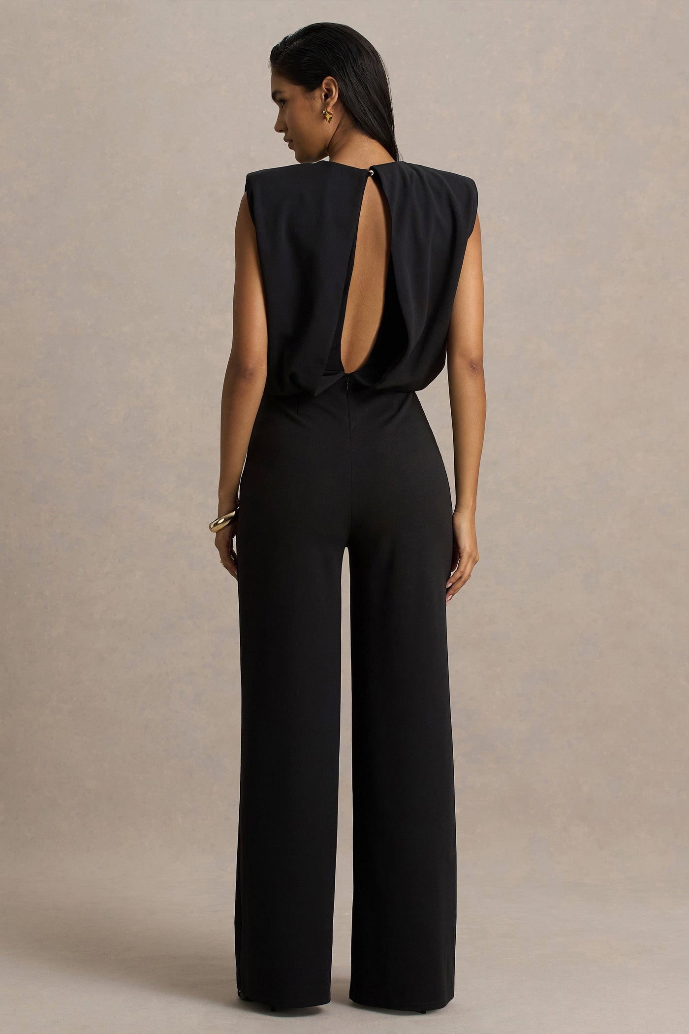 Tiff | Black Crew-Neck Jumpsuit With Draped Detailing