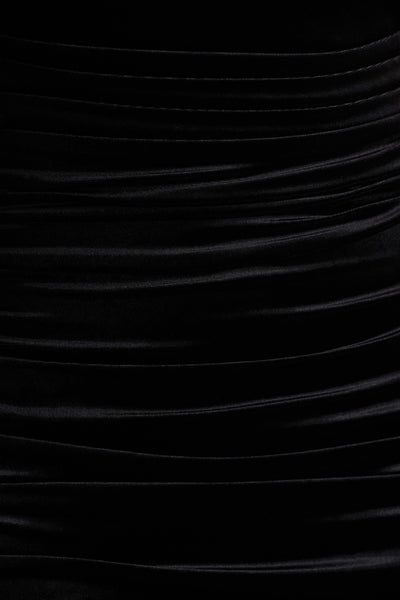 Chrissy | Black Velvet Square-Neck Midi Dress With Mesh-Sleeves And Ruched Detailing