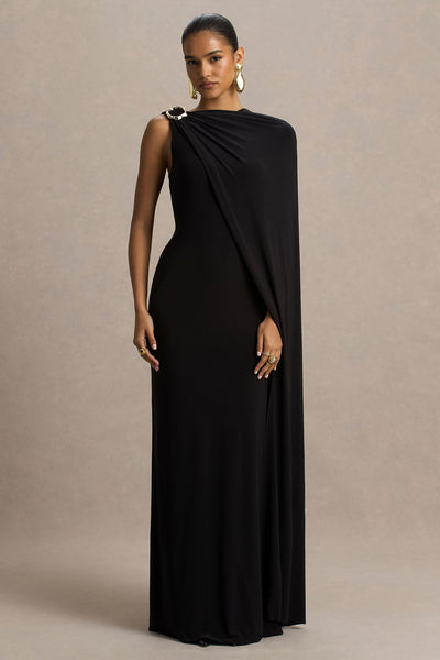 Cressida | Black Asymmetric-Neck Maxi Dress With Cape And Gold Detail