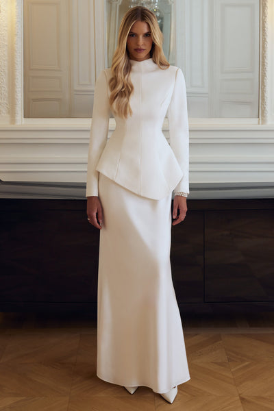 Pepita | Cream High-Neck Tailored Maxi Dress With Drop-Waist And Satin Skirt