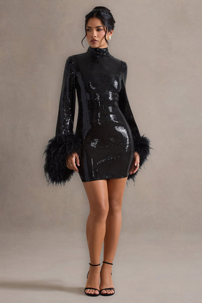 Cupid | Black Sequin High-Neck Mini Dress With Feather Cuffs