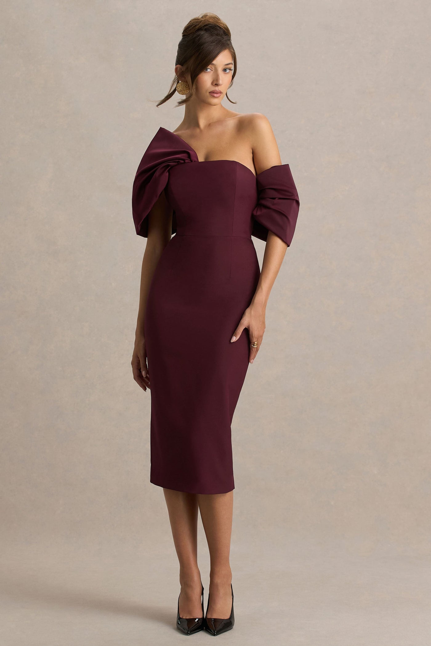 Lucille | Burgundy Asymmetric Bardot Midi Dress With Bow Detail