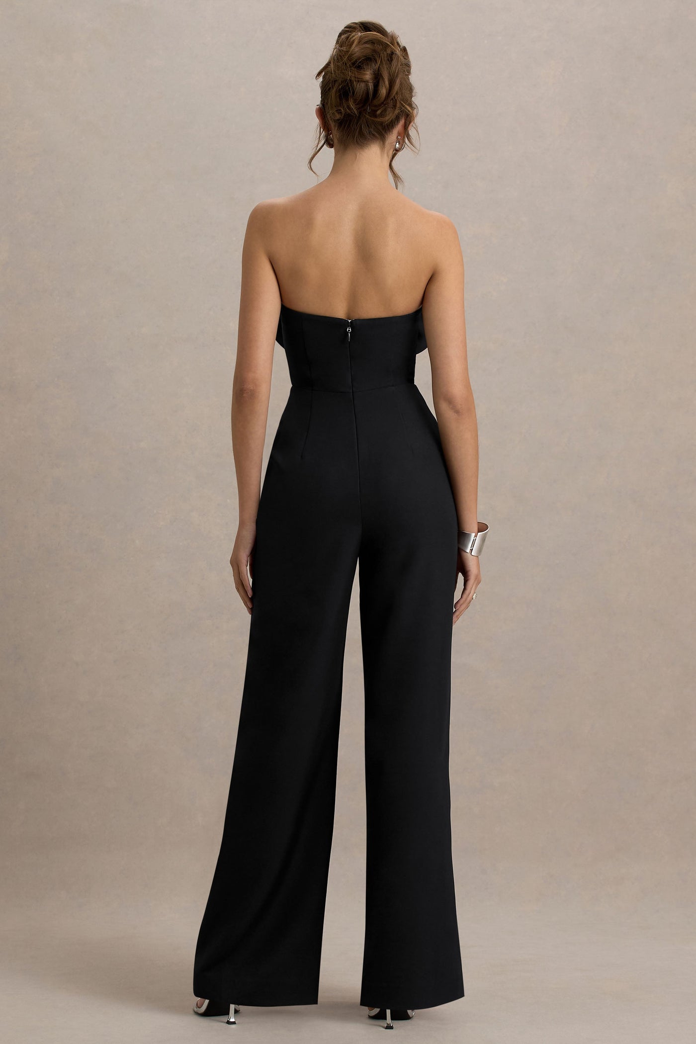 Opia | Black Bandeau Wide-Leg Jumpsuit With Large Floral Corsage