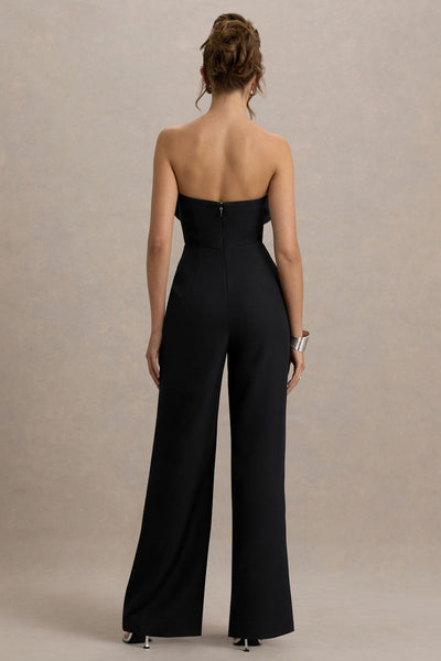 Opia | Black Bandeau Wide-Leg Jumpsuit With Large Floral Corsage