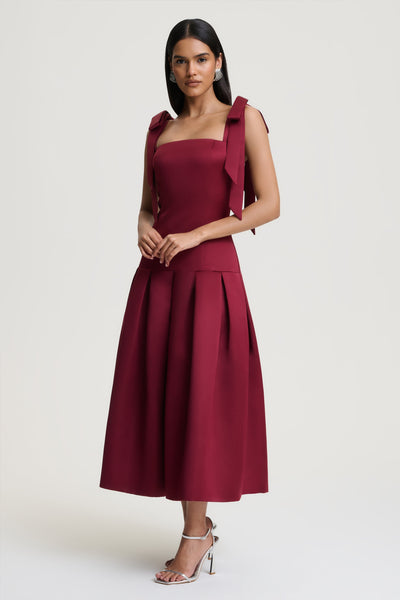 Alberta | Burgundy Satin Square-Neck Midi Dress With Bow Straps