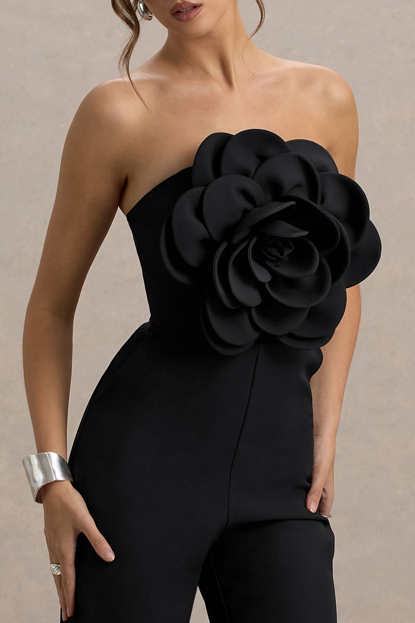 Opia | Black Bandeau Wide-Leg Jumpsuit With Large Floral Corsage