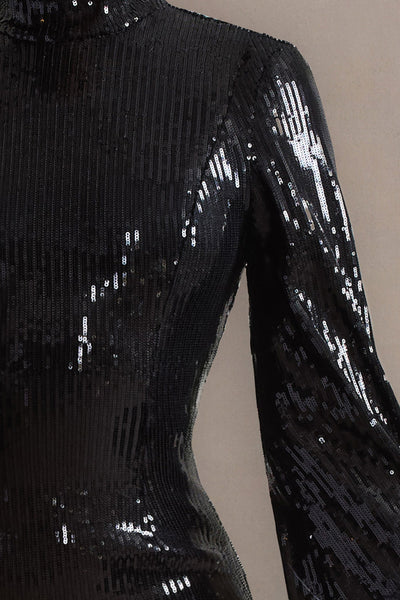 Cupid | Black Sequin High-Neck Mini Dress With Feather Cuffs