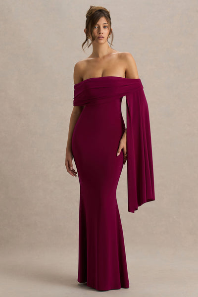 Saffina | Burgundy Bardot-Neck Maxi Dress With Sash Detail