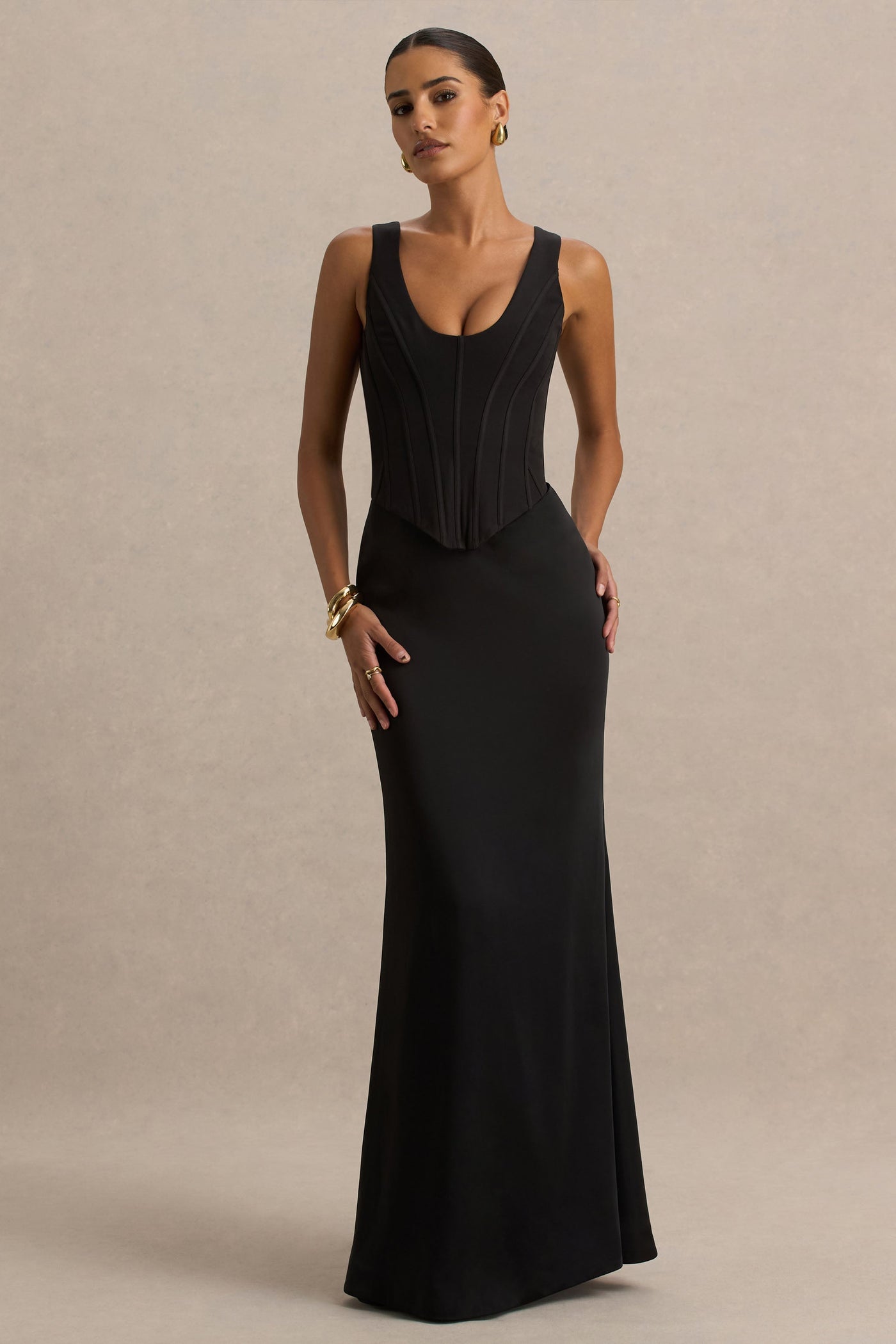 Morgan | Black Satin Corset Maxi Dress