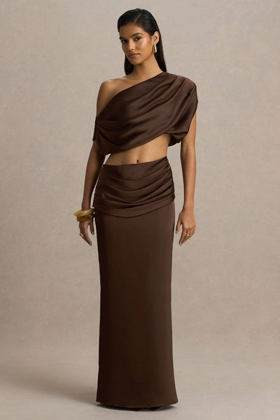 Megan | Brown Satin Wrap Maxi-Skirt With Gathered Detailing