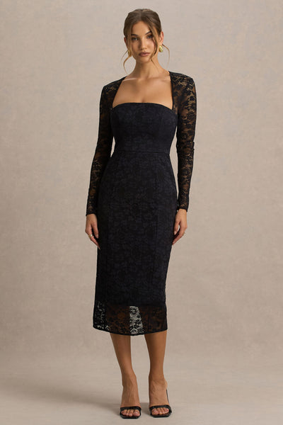 Alissa | Black Lace Square-Neck Midi Dress
