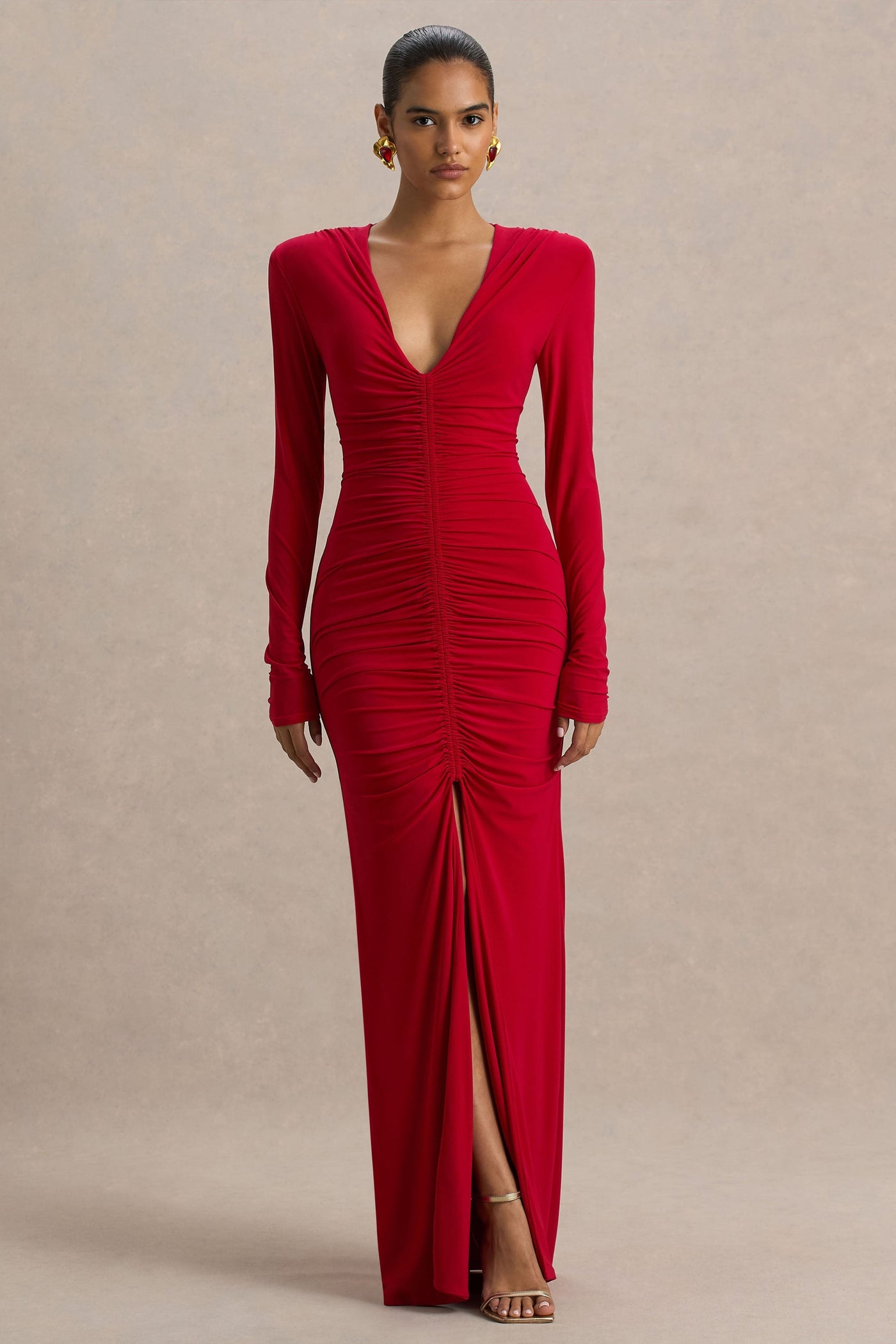 Jewel | Red Plunge-Neck Maxi Dress With Front Split and Ruched Detailing