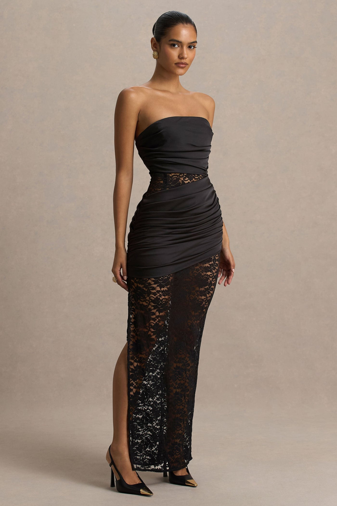 Dulcie | Black Lace And Satin Bandeau Midaxi Dress With Wrap-Details