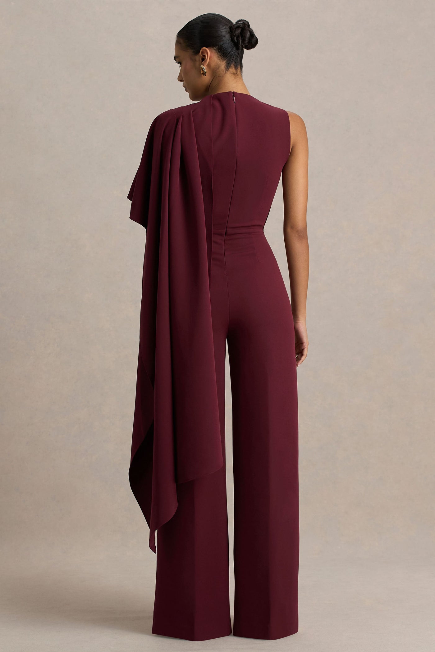 Sorenia | Burgundy High-Neck Jumpsuit With One-Cape Sleeve