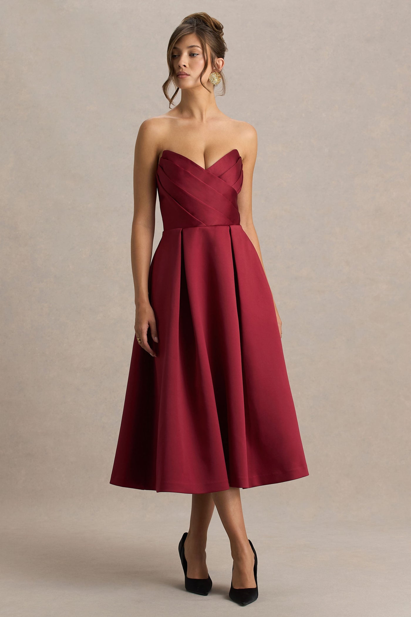 Promises | Burgundy Satin Sweetheart-Neck Midi Dress