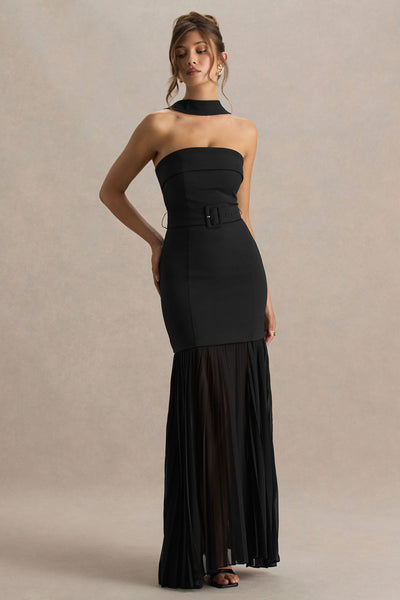 Jaquetta | Black Belted Maxi Dress With Pleated Chiffon Skirt
