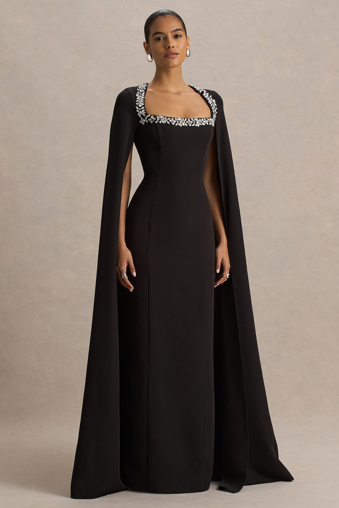 Glossy | Black Woven Square-Neck Maxi Dress With Cape Sleeves and Hand-Embellished Detail
