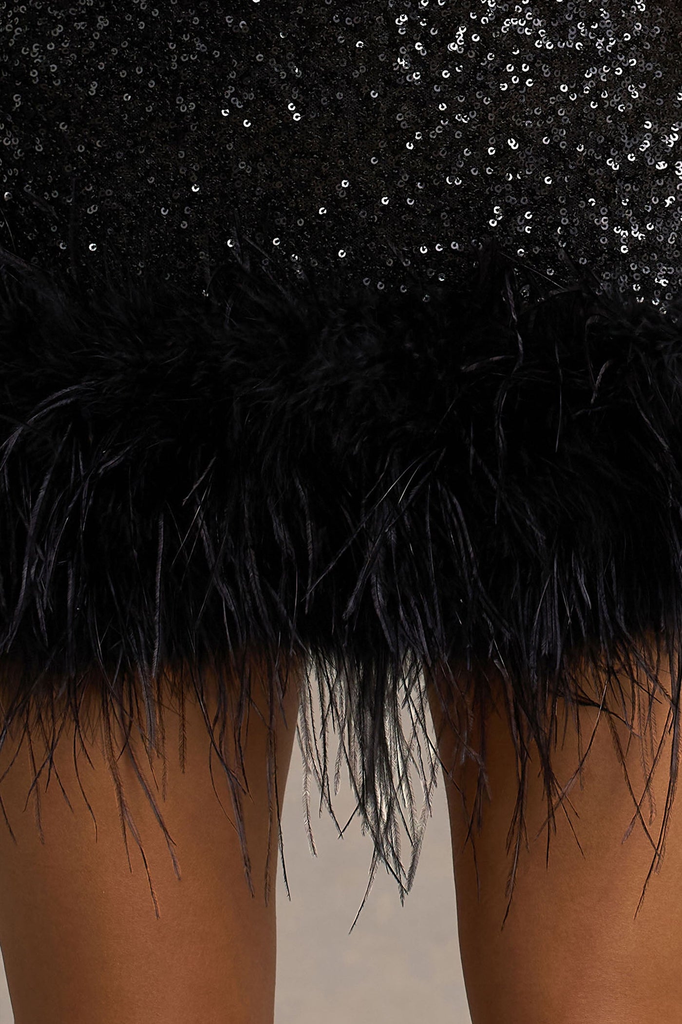 Rosalinda | Black Sequin Square-Neck Mini Dress With Feather Trim