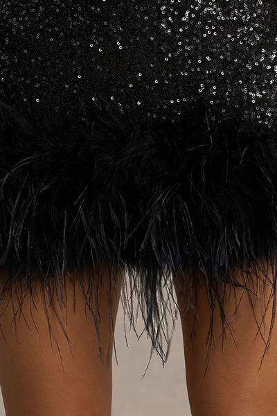 Rosalinda | Black Sequin Square-Neck Mini Dress With Feather Trim