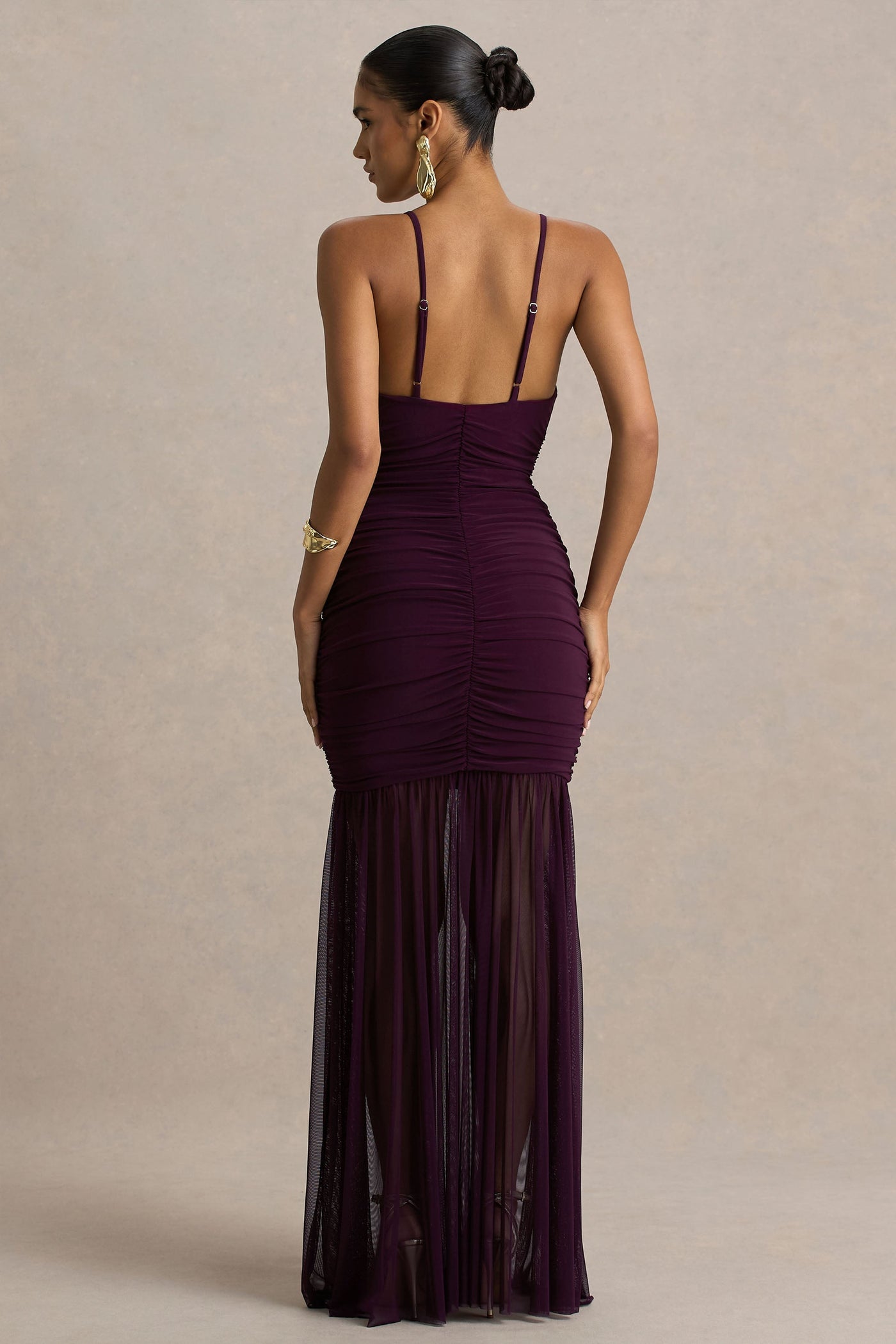 Pasqualina | Plum Ruched Plunge-Neck Maxi Dress