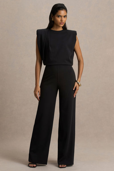 Tiff | Black Crew-Neck Jumpsuit With Draped Detailing