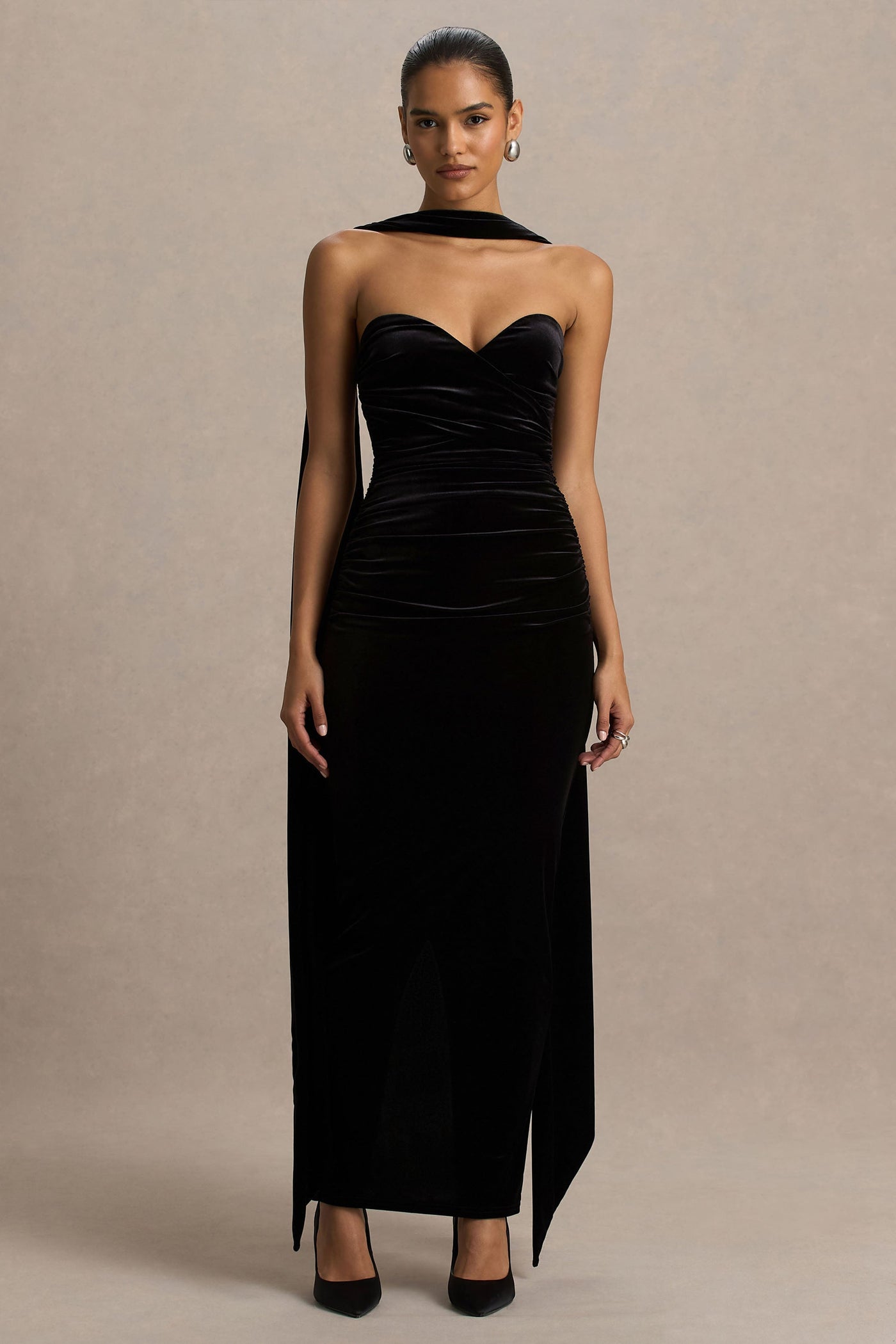 Paloma | Black Velvet Bandeau Maxi Dress With Scarf