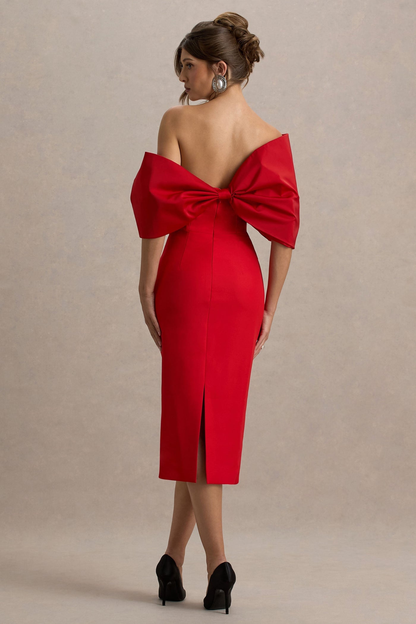 Lucille | Red Asymmetric Bardot Midi Dress With Bow Detail
