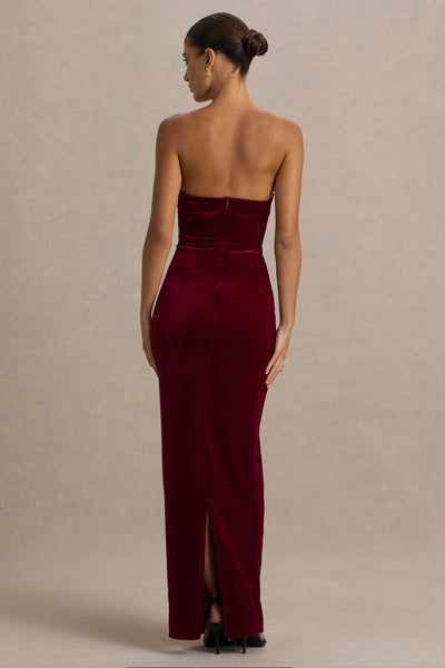 Illusion | Burgundy Velvet Bandeau Maxi Dress With Bow Detail