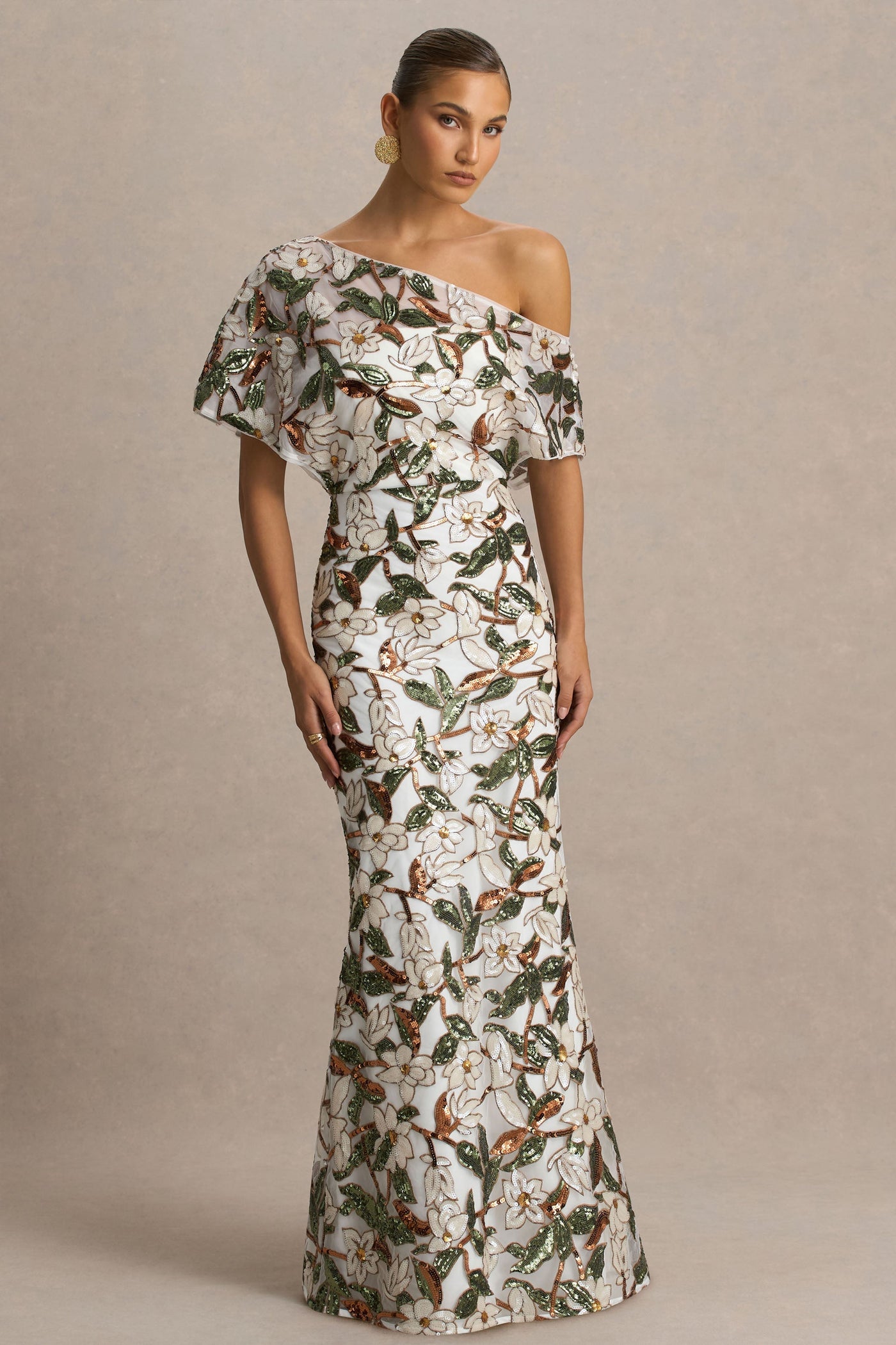 Iony | White And Green Embellished Sequin Floral And Mesh Asymmetric-Neck Maxi Dress