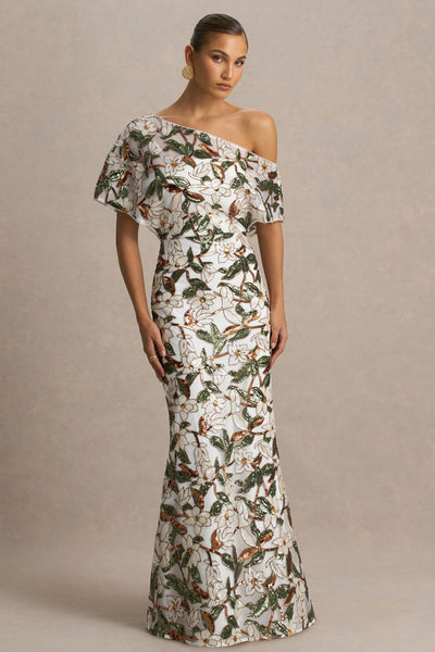 Iony | White And Green Embellished Sequin Floral And Mesh Asymmetric-Neck Maxi Dress