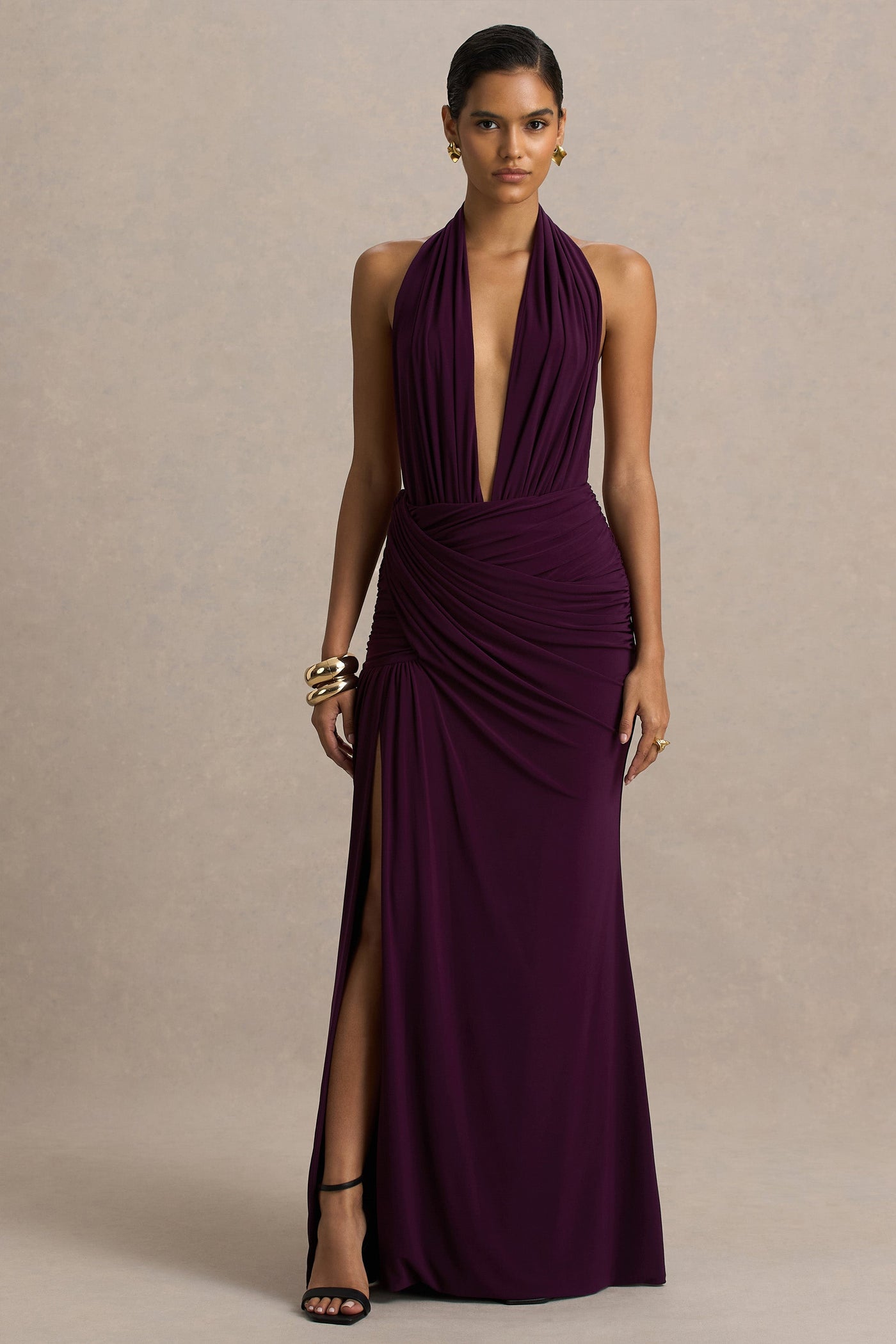 Tilly | Burgundy Extreme-Plunge Neck Maxi Dress With Wrap And Ruched Details