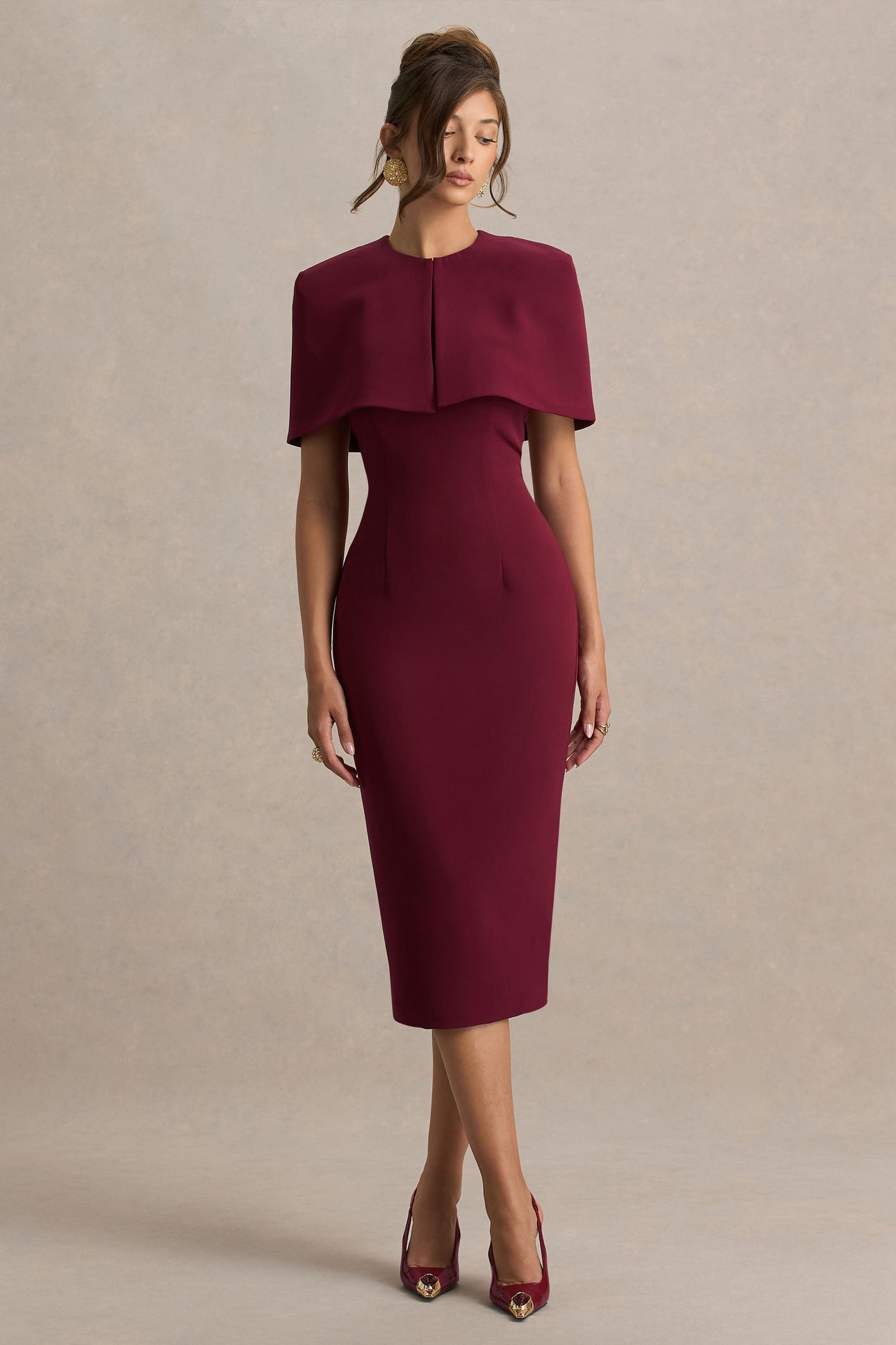 Baylor | Burgundy Midi-Dress With Removable Cape