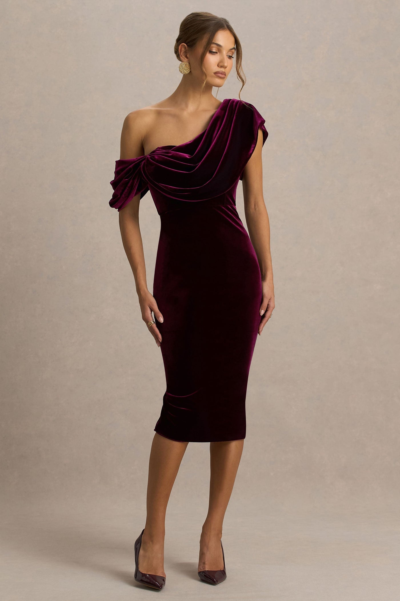 High End | Burgundy Velvet Asymmetric-Neck Midi Dress With Draped Detailing