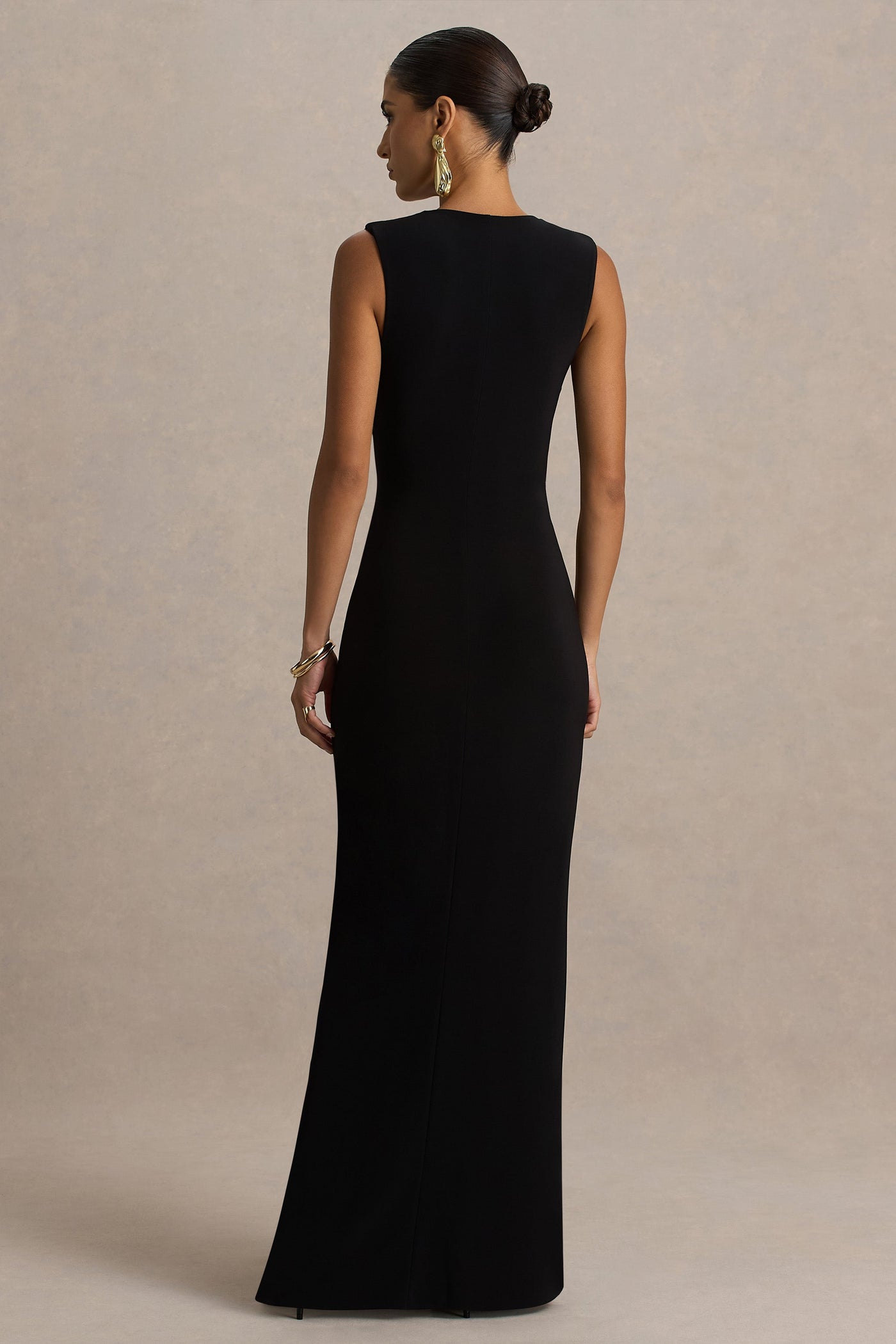 Alena | Black Extreme-Plunge Neck Maxi Dress With Gold Detail