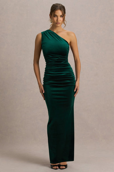 Treat | Bottle Green Velvet Asymmetric-Neck Maxi Dress With Ruched Detailing