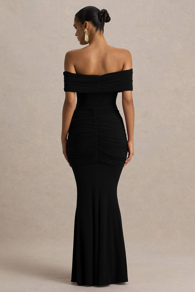 Envisioned | Black Bardot-Neck Maxi Dress With Gathered And Drape Detail
