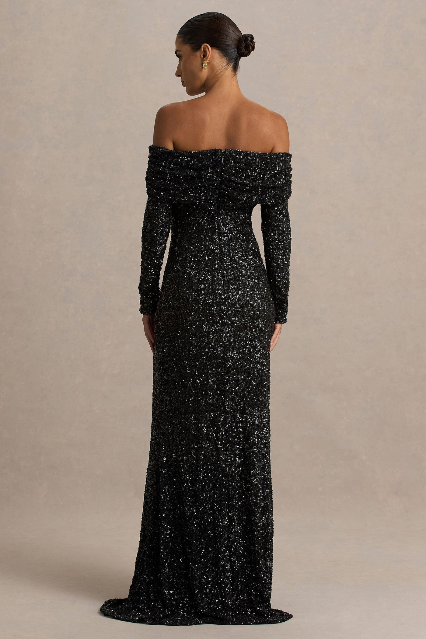 Obsession | Black Sequin Bardot-Neck Maxi Dress With Long Sleeves