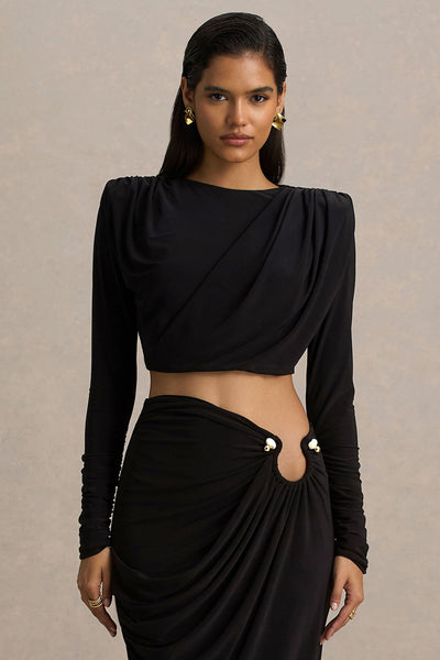 Fluxy | Black Long-Sleeved Crop-Top With Ruched Detailing