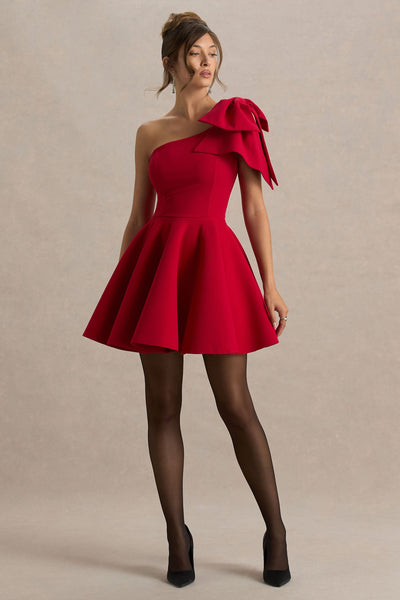 Prosperity | Red Asymmetric-Neck Mini Dress With Bow Detail