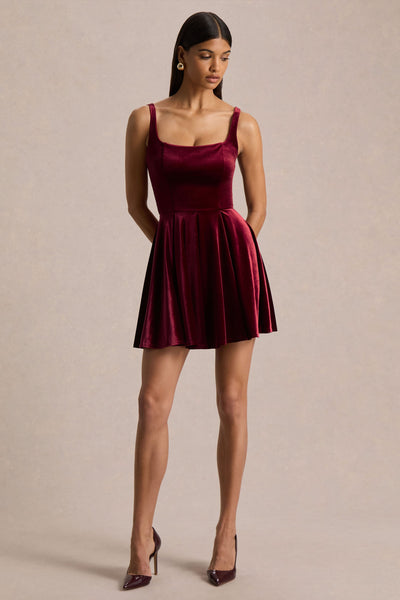 Roxanne | Burgundy Velvet Square-Neck Mini Dress
