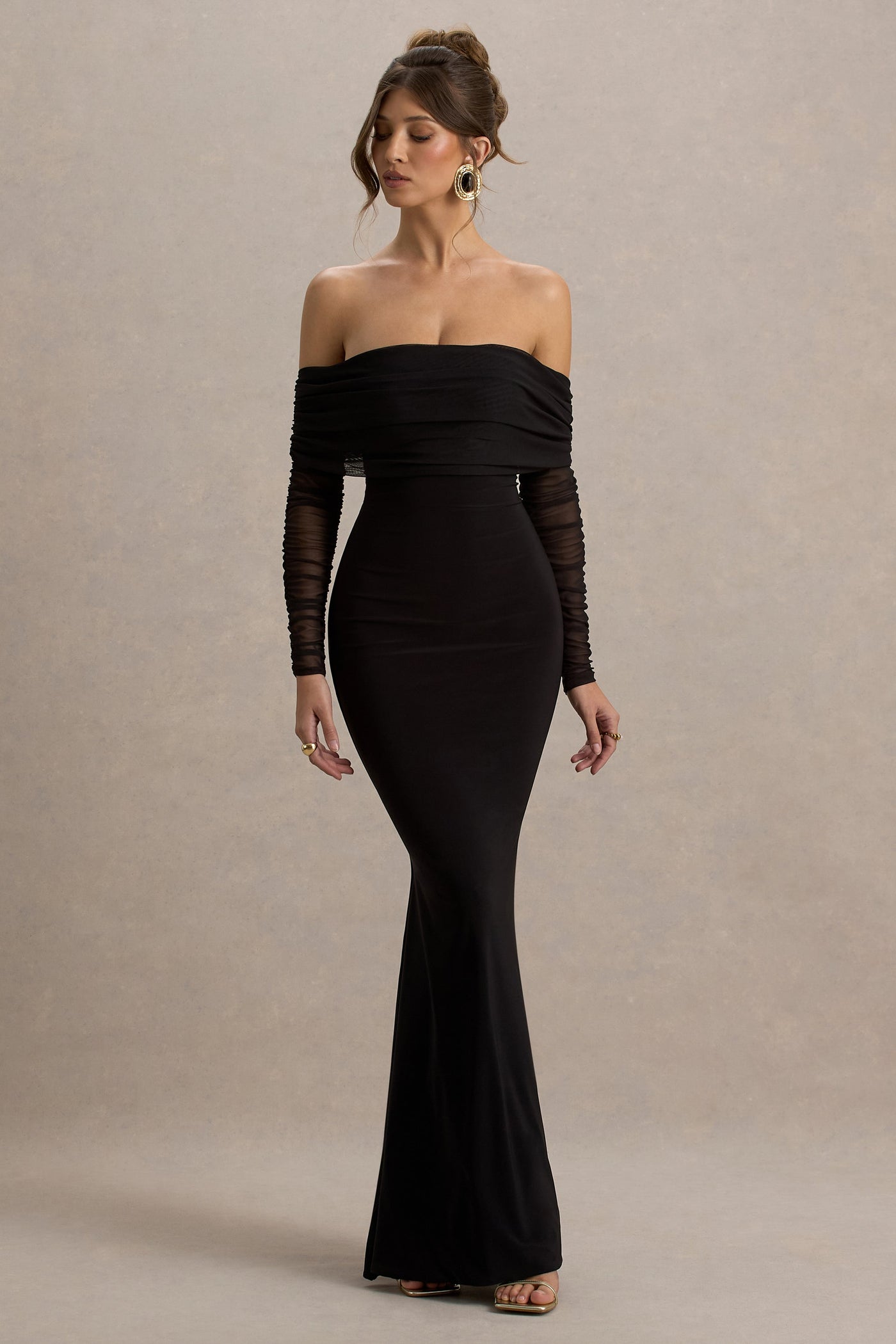Madeleine | Black Fishtail Maxi Dress With Bardot Mesh Long Sleeves