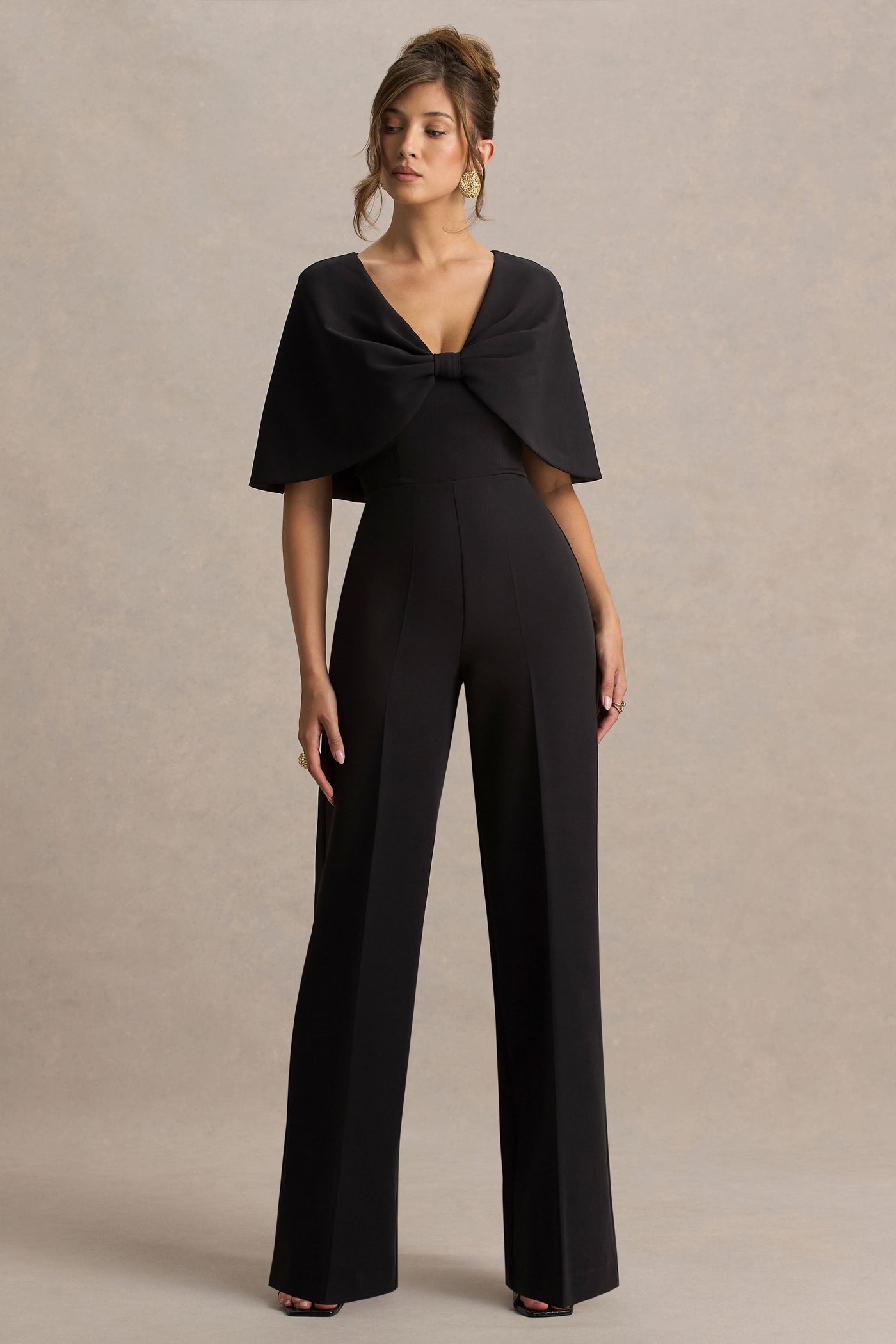 Vivid | Black Plunge-Neck Jumpsuit With Bow-Detail