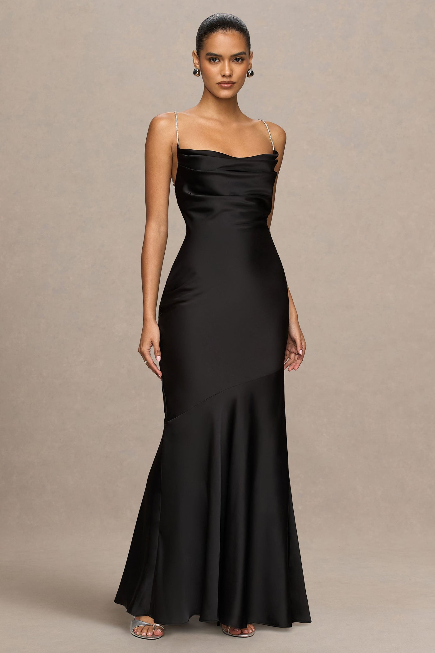 Maelia | Black Satin Cowl-Neck Maxi Dress With Diamante Straps