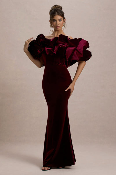 Cecily | Port Velvet Bardot Maxi Dress With Velvet Ruffle Trim