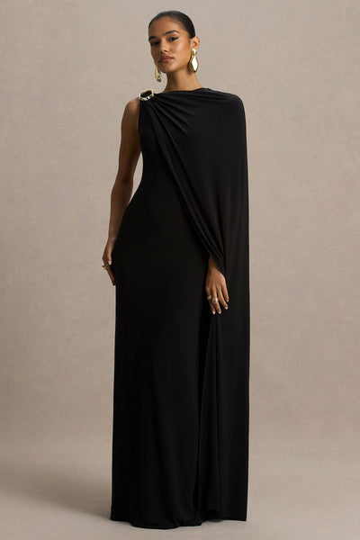Cressida | Black Asymmetric-Neck Maxi Dress With Cape And Gold Detail