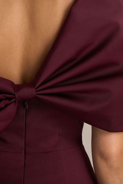 Lucille | Burgundy Asymmetric Bardot Midi Dress With Bow Detail