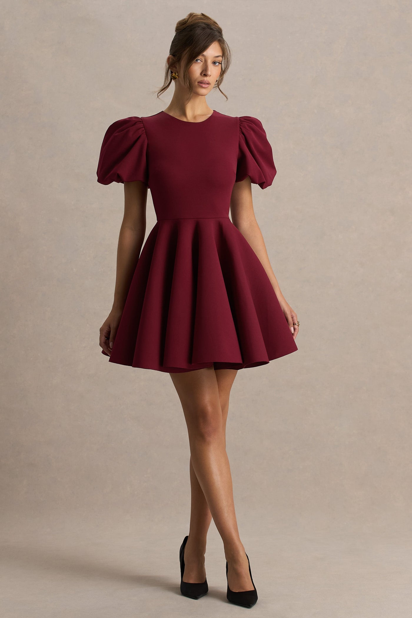 Emelia | Burgundy Puff-Sleeve Skater Mini Dress