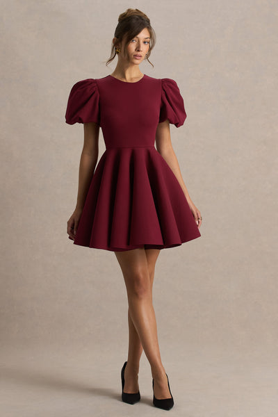Emelia | Burgundy Puff-Sleeve Skater Mini Dress