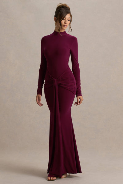 Pietra | Berry High-Neck Long Sleeve Knot Maxi Dress