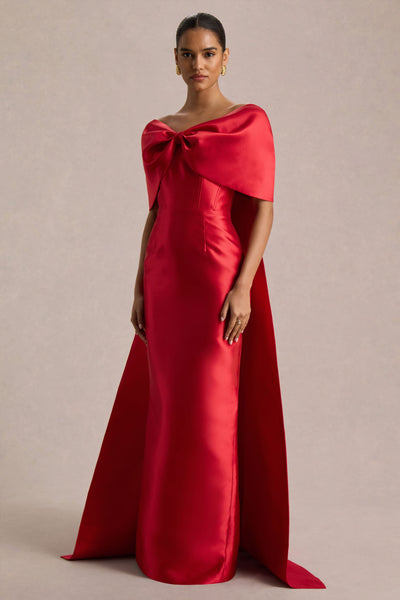 Wanting More | Red Satin Cape Maxi Dress With Oversized Bow